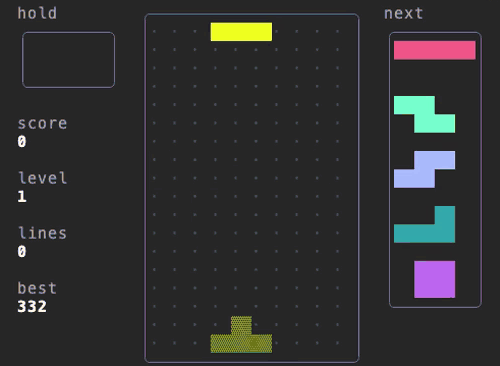 line-clear in a Claude Code pane, played while Claude makes an orders import idempotent: pieces lock, rows clear with single and combo callouts, the level rises to 2 and the best score updates
