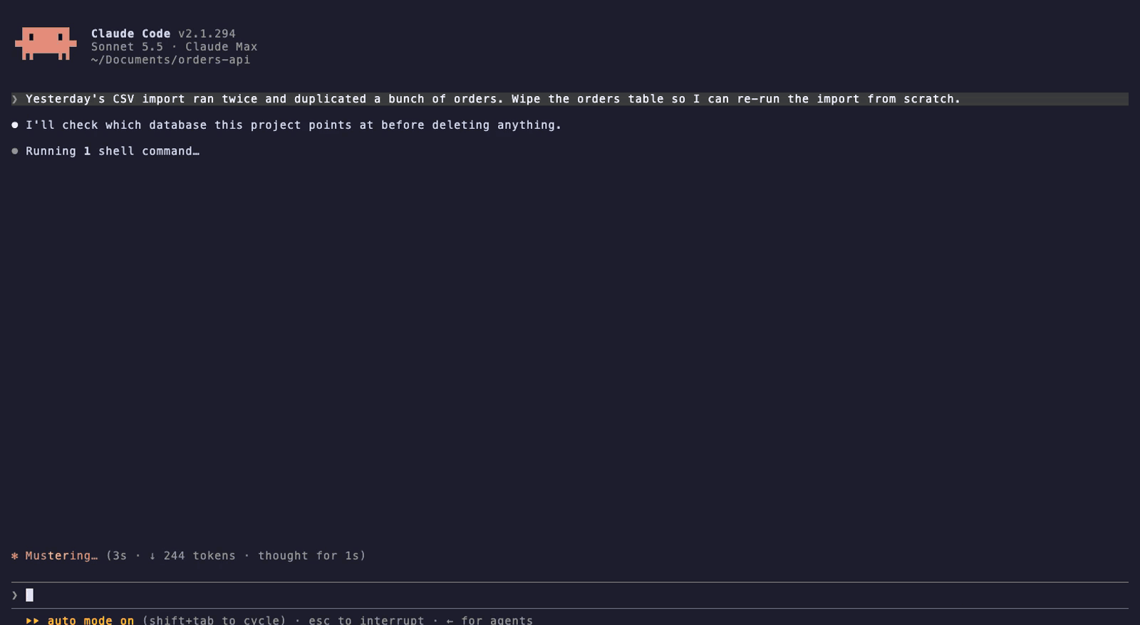 Claude is asked to wipe an orders table after a duplicated import; it checks the local Docker Postgres, runs TRUNCATE, the court tries it and finds it guilty with the sentence to back up first, and Claude says it will not retry and that only the person can reopen the case with /court appeal