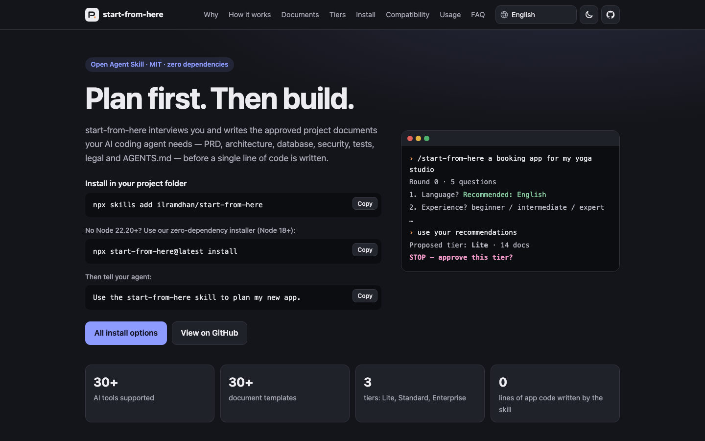 Landing page on desktop: headline 'Plan first. Then build.', install commands, and a terminal preview of the interview