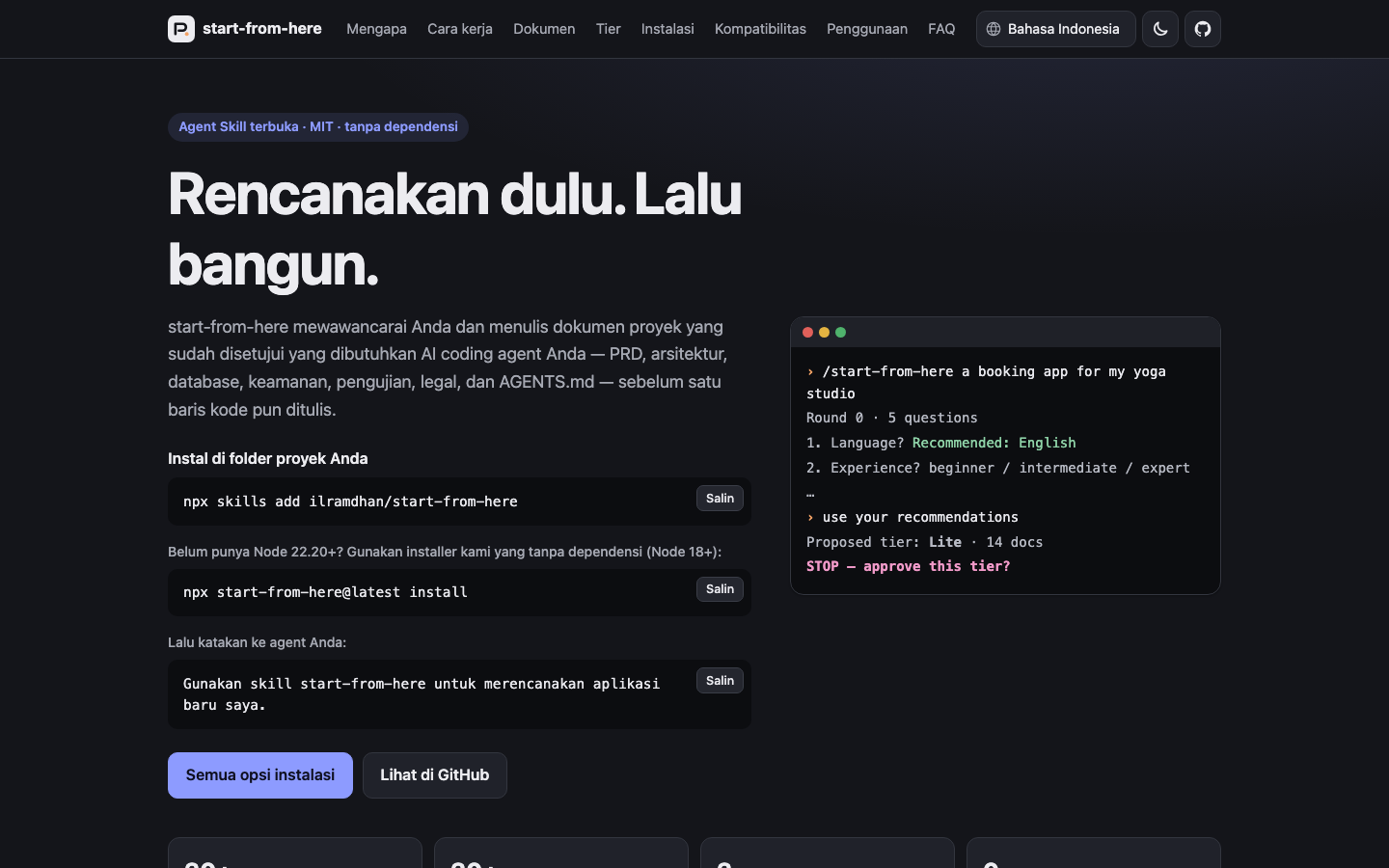 Landing page in Bahasa Indonesia: 'Rencanakan dulu. Lalu bangun.'