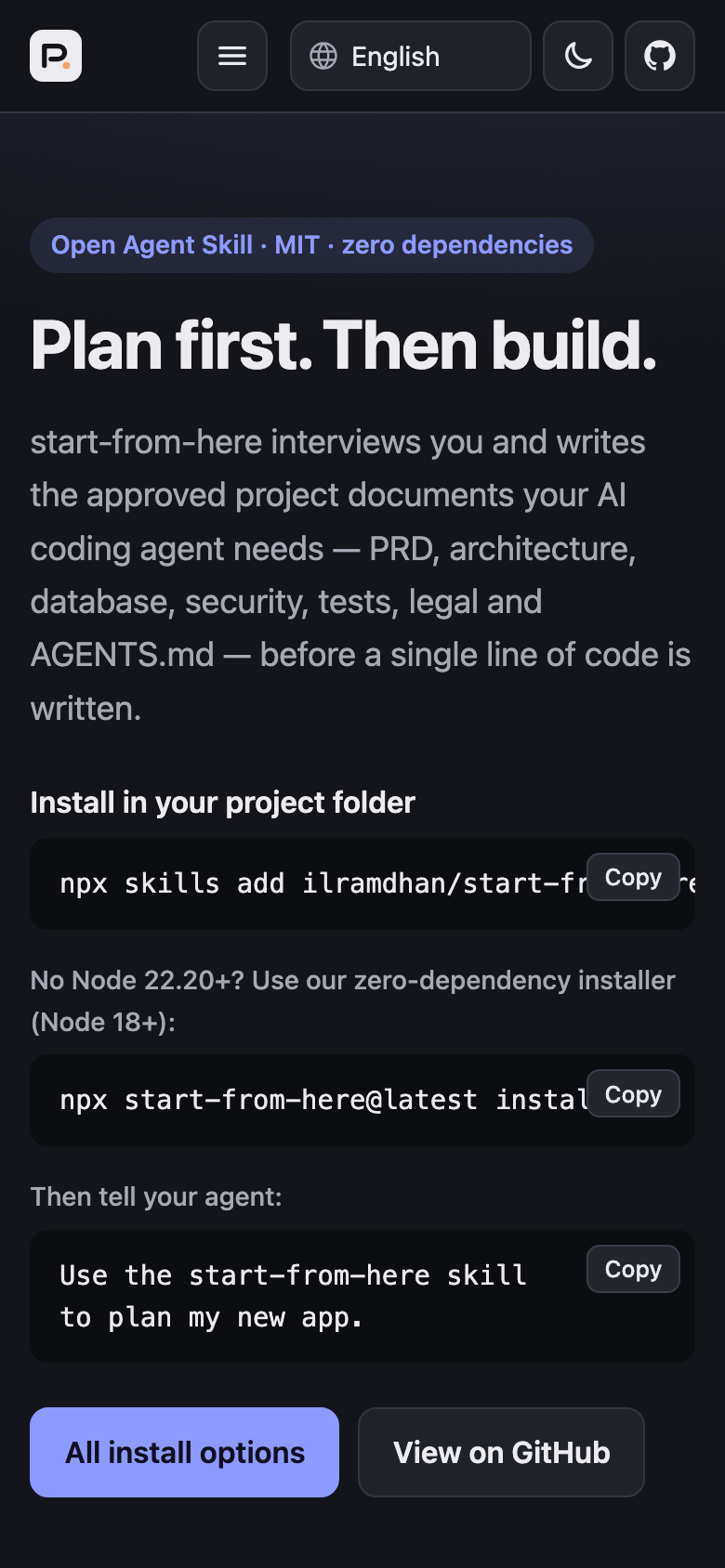 Landing page on a phone-sized screen, same hero in a single column