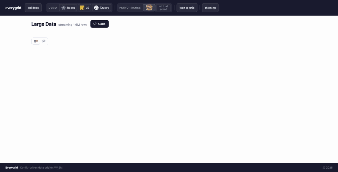 Everygrid: sorting and searching 1.6M rows, virtual-scrolling 1M rows, then re-theming the grid — dark mode, accent colors, header styles and icons