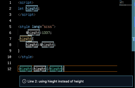 Screenshot of editor with many misspelled 'hieght's being highlighted by linter