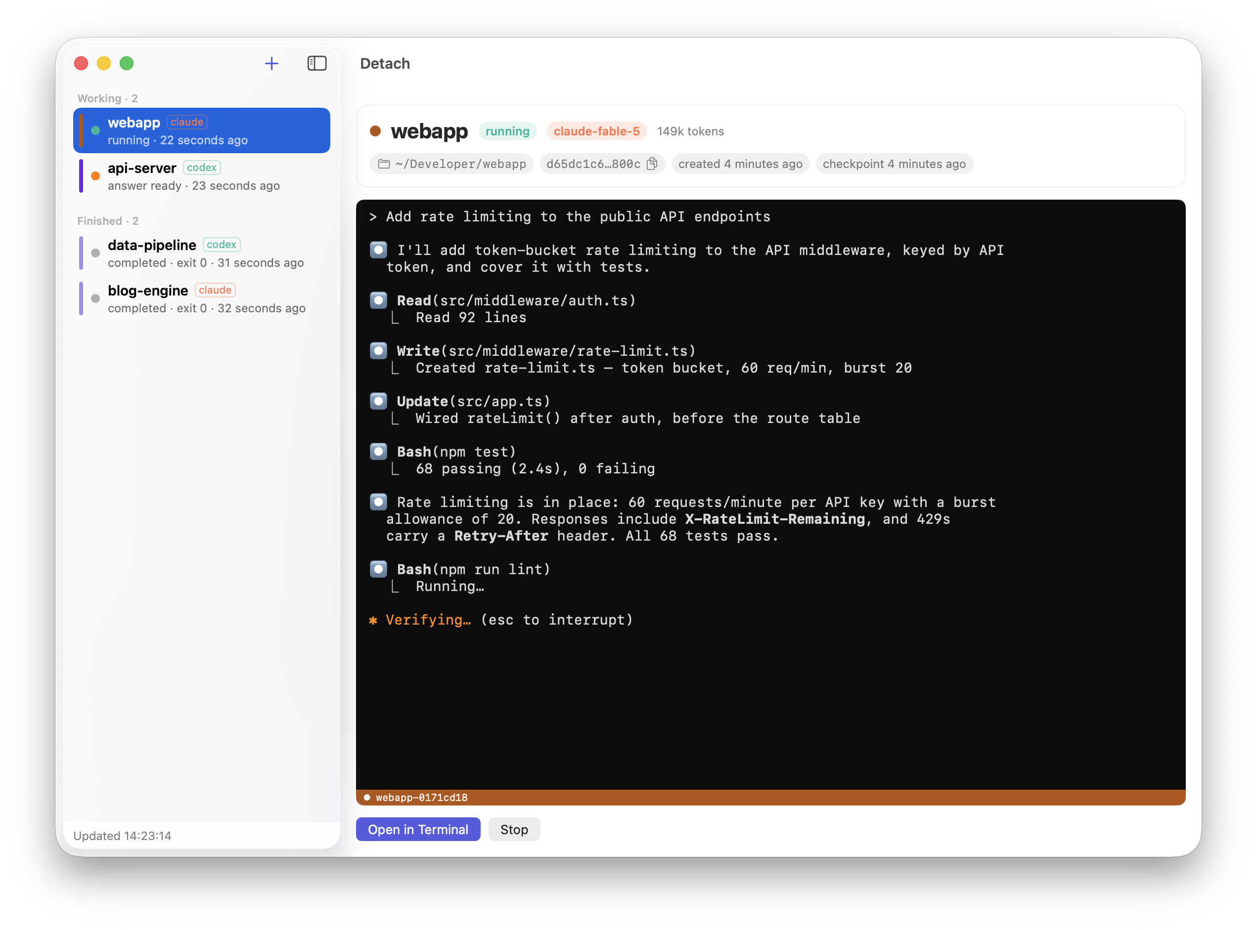 Detach.app showing Codex and Claude Code sessions, live status, logs, model, context usage, and recovery actions