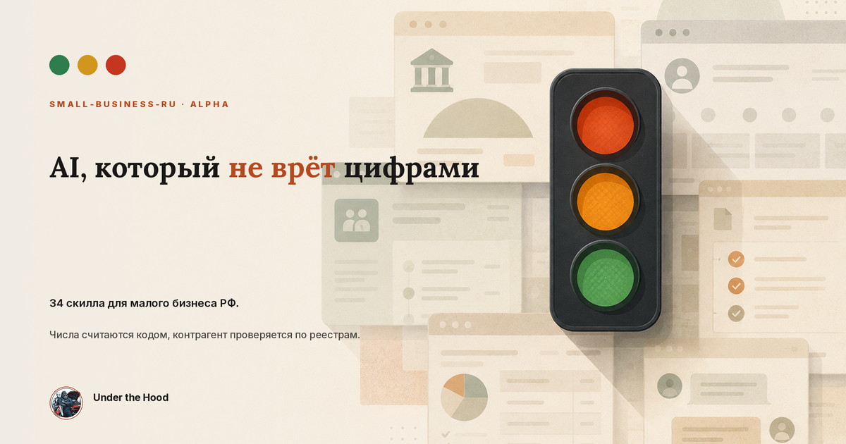 small-business-ru: 34 открытых AI-скилла для малого бизнеса РФ, числа считаются кодом, контрагент проверяется по реестрам