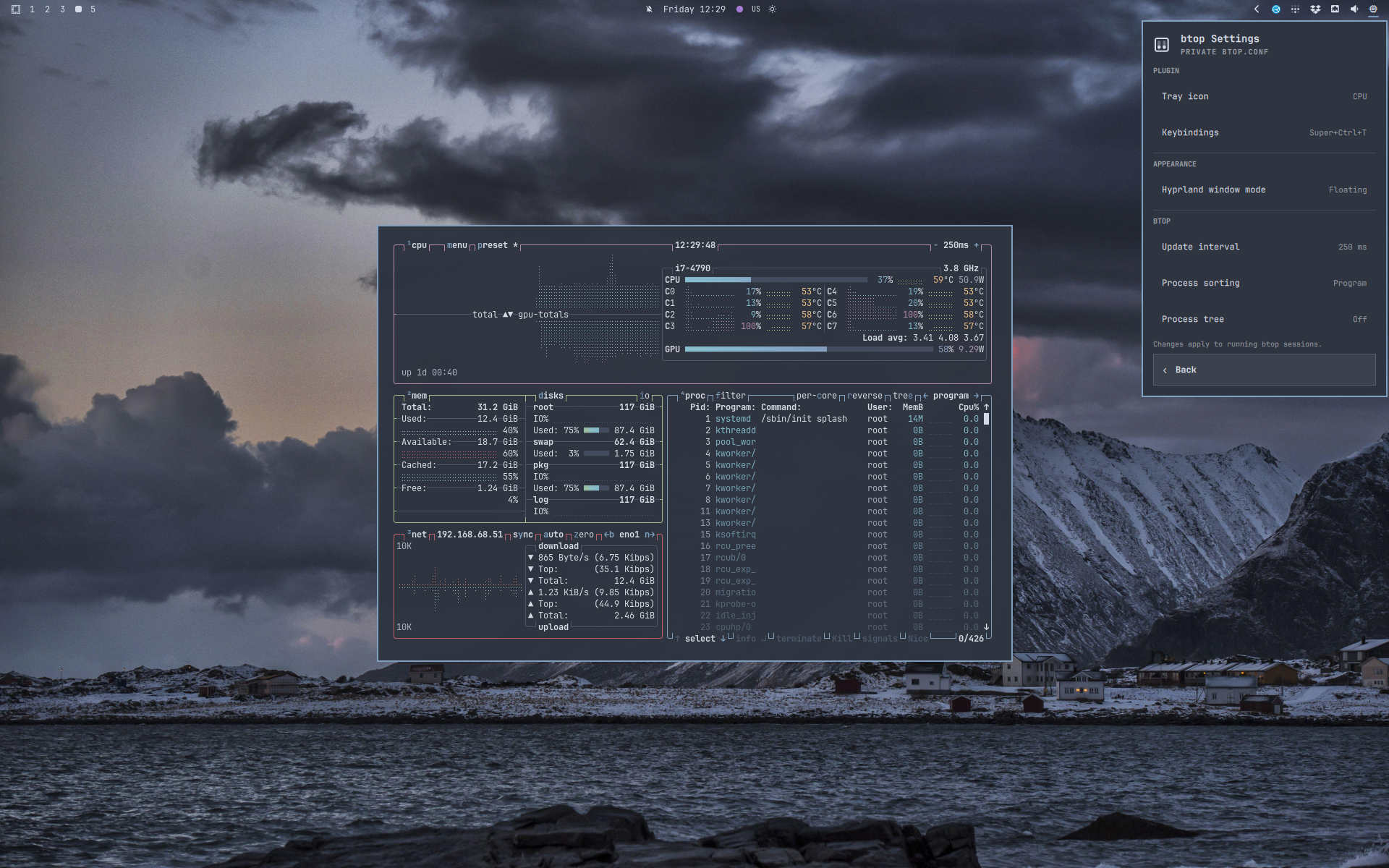 btop Activity on the Omarchy desktop