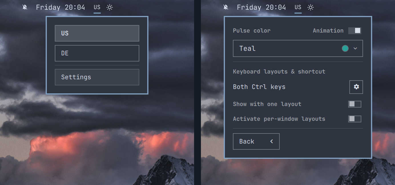 Keyboard layout menu and settings
