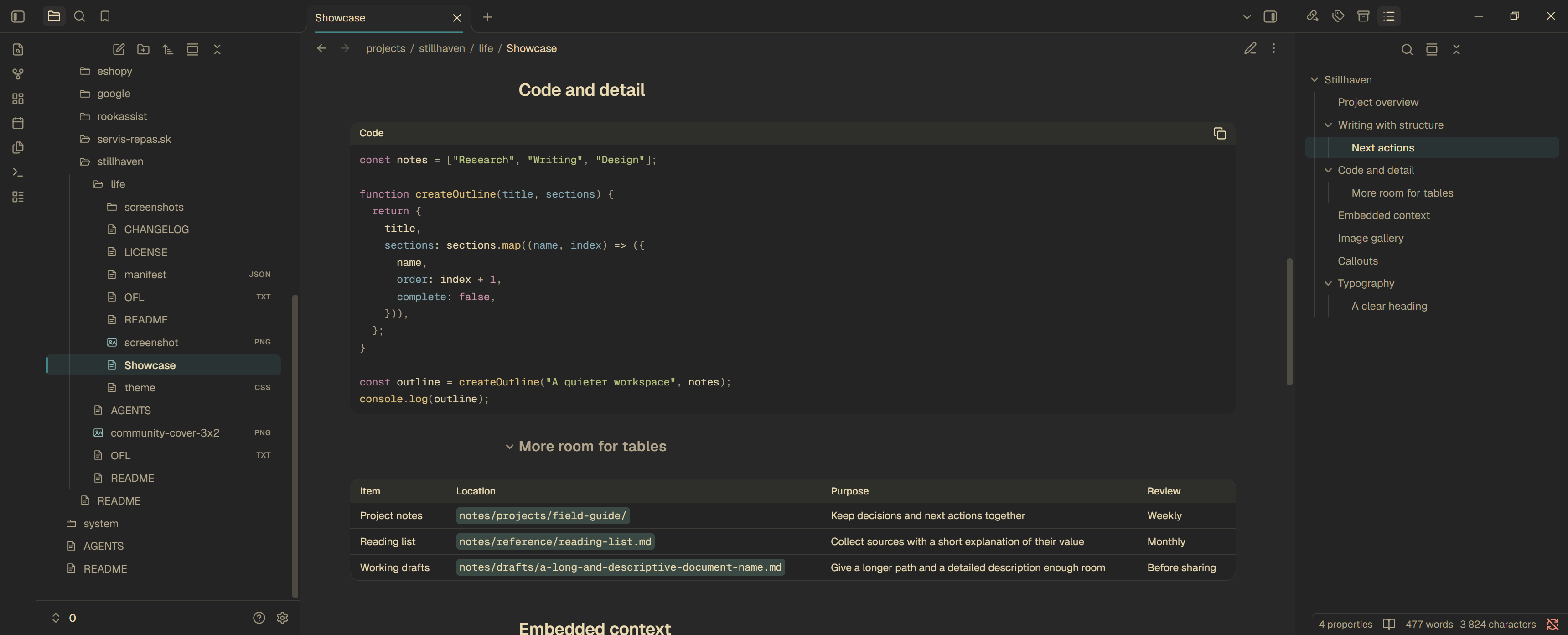 Stillhaven dark mode showing a code block with its copy toolbar and a compact table