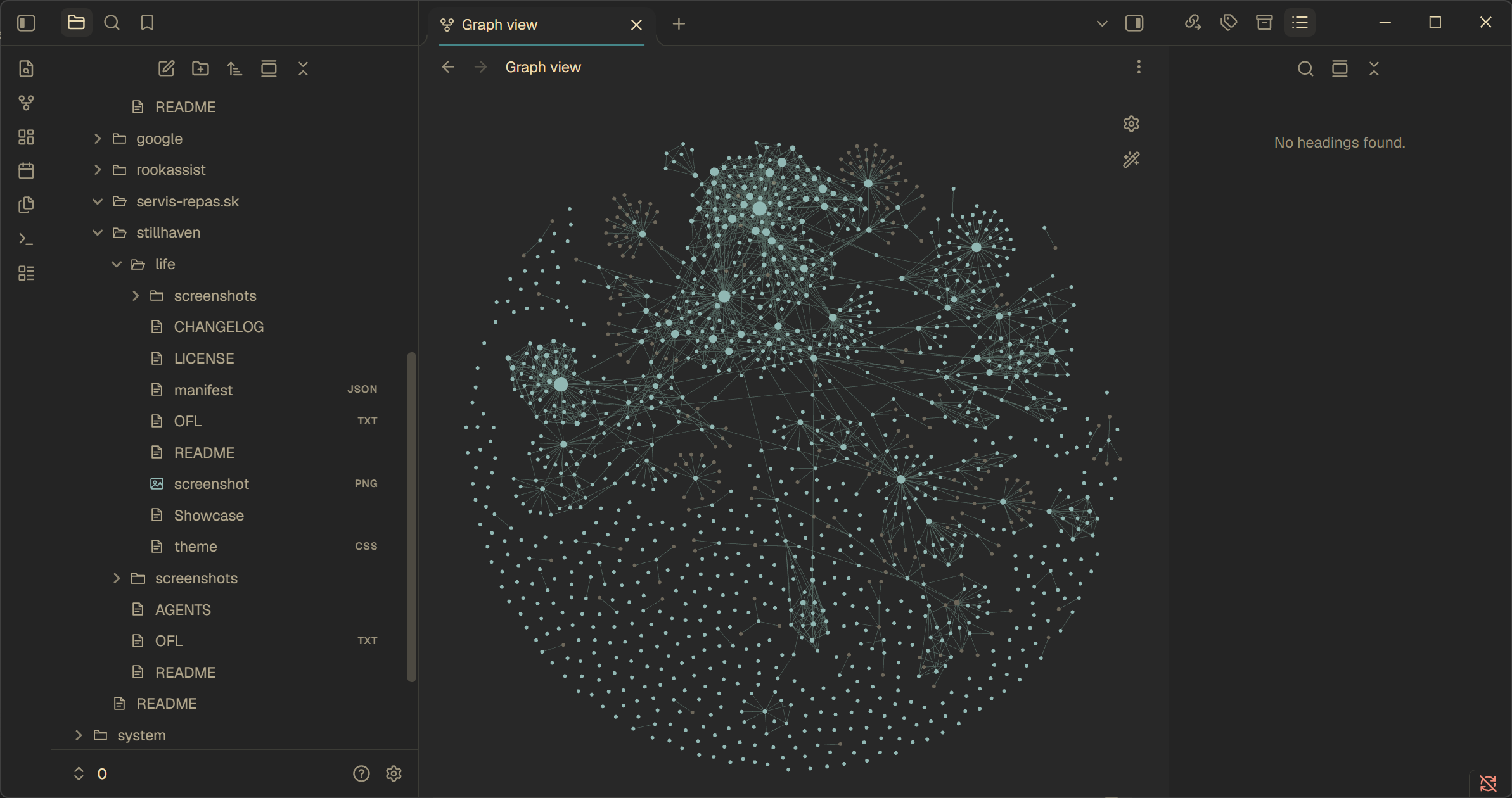 Stillhaven dark Graph view with teal nodes