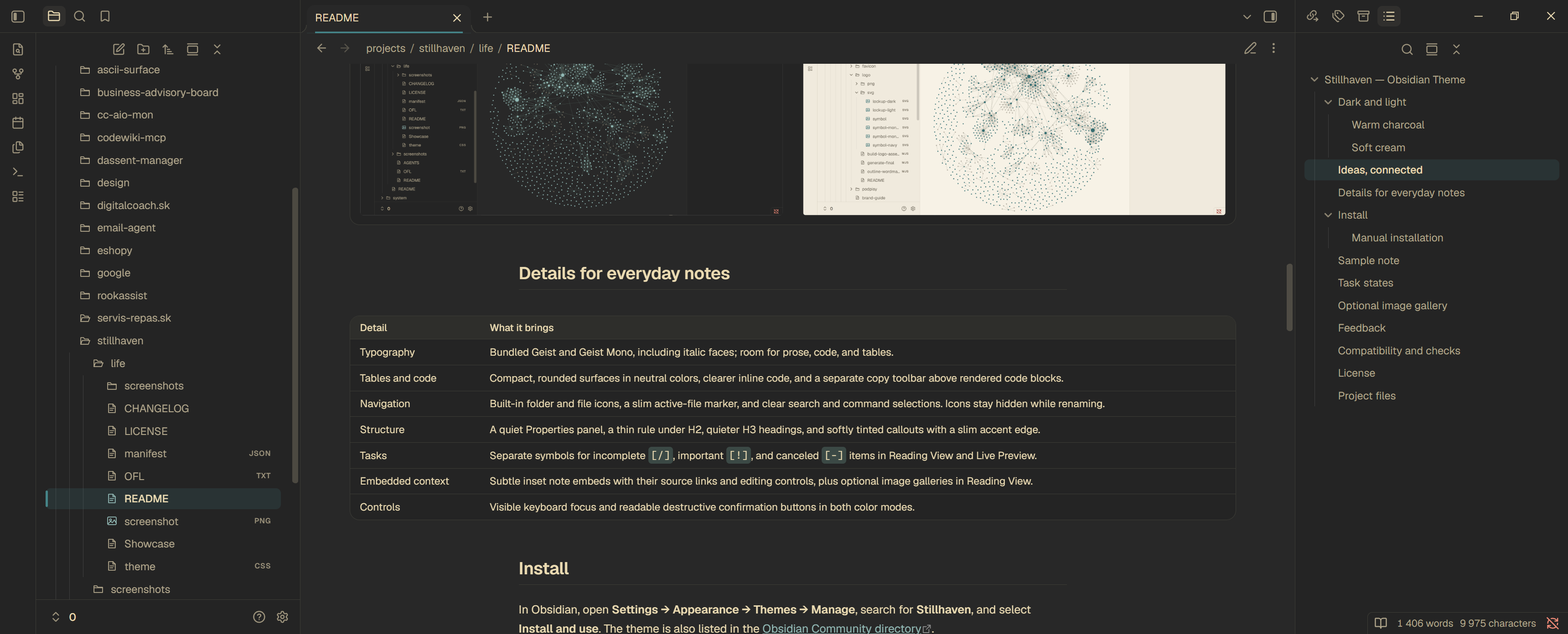 Stillhaven dark mode showing a compact table and clearer inline code