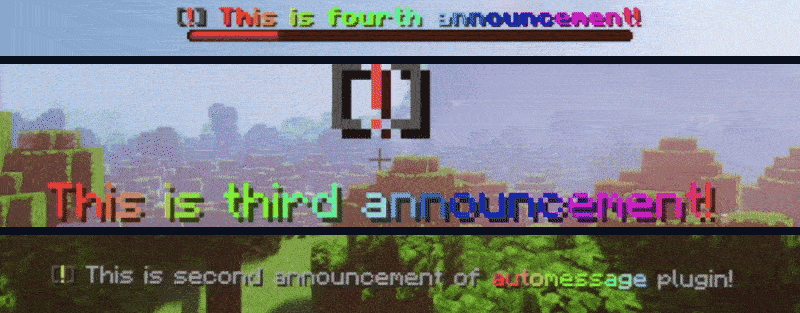Three announcement surfaces in game at once: a boss bar countdown across the top of the screen, a full-screen title in the middle, and a chat line below it