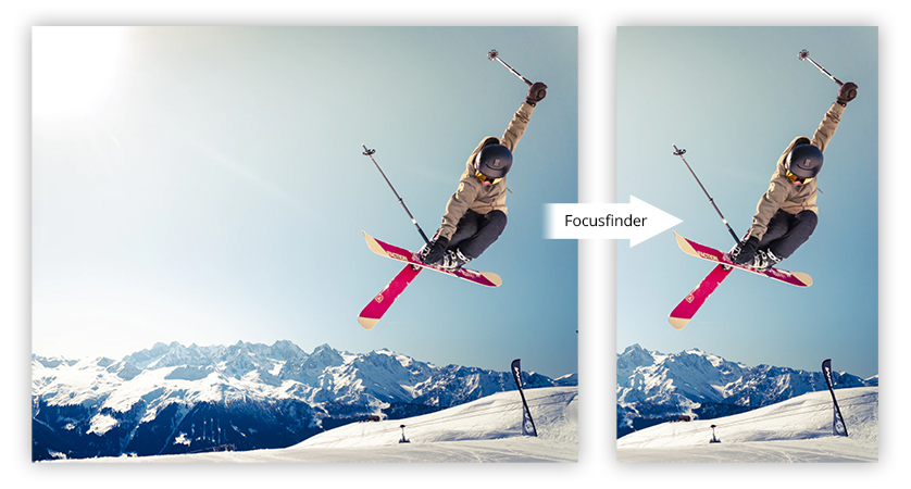 A graphic of a skier mid flight demonstrating how focusfinder extracts the relevant part of the image when cropping it