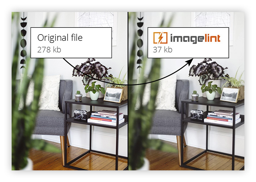 Comparing two images, one is optimized with imagelint and is only 13% of the size of the unoptimized one