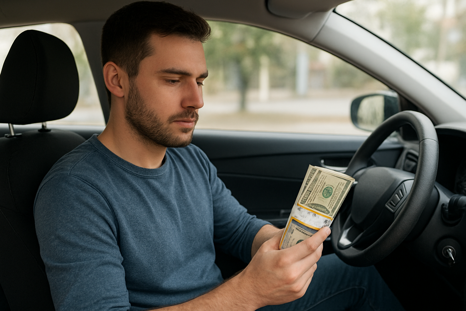 Young man at computer with money
