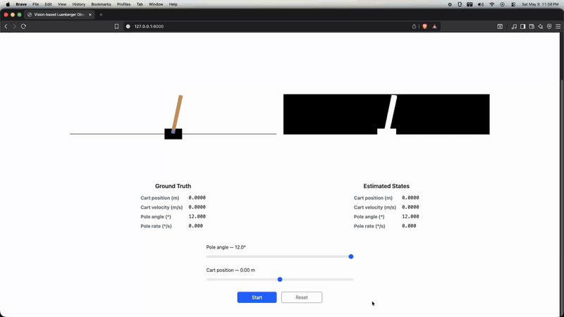 Web UI demo showing cartpole stabilisation from pixels