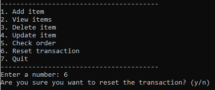 'Menu 6 - Reset transaction'