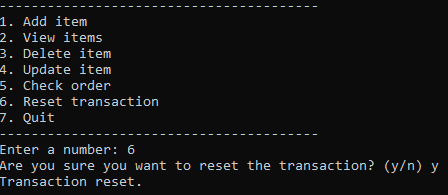 'Menu 6 - Reset transaction'