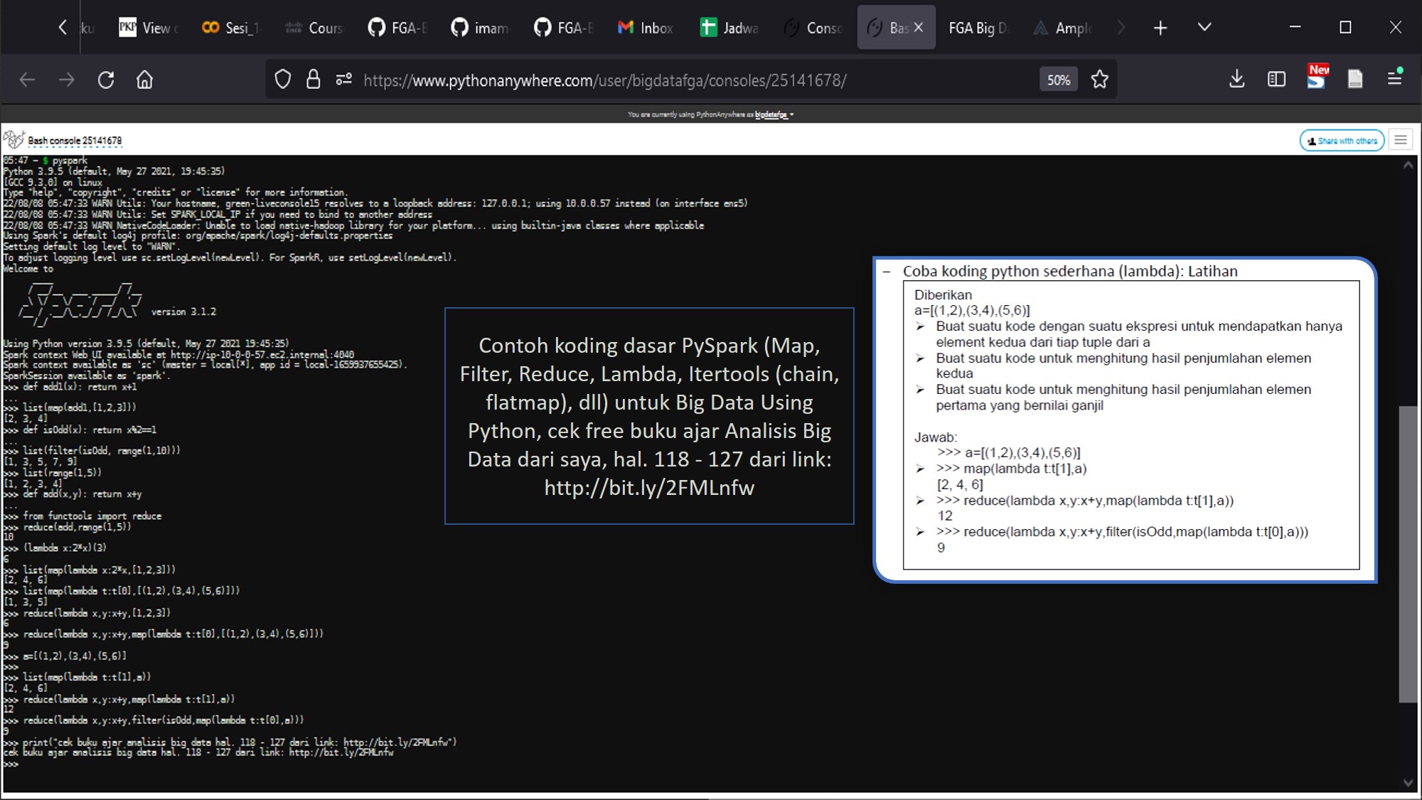 Contoh koding dasar PySpark (Map, Filter, Reduce, Lambda, Itertools (chain, flatmap), dll) - PythonAnywhere