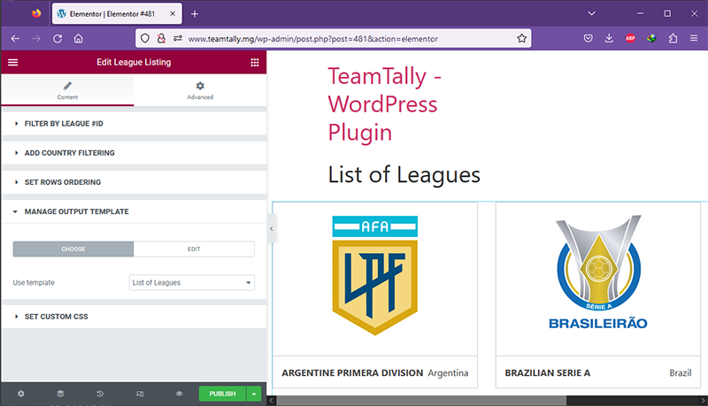 alt Elementor League Widget interface