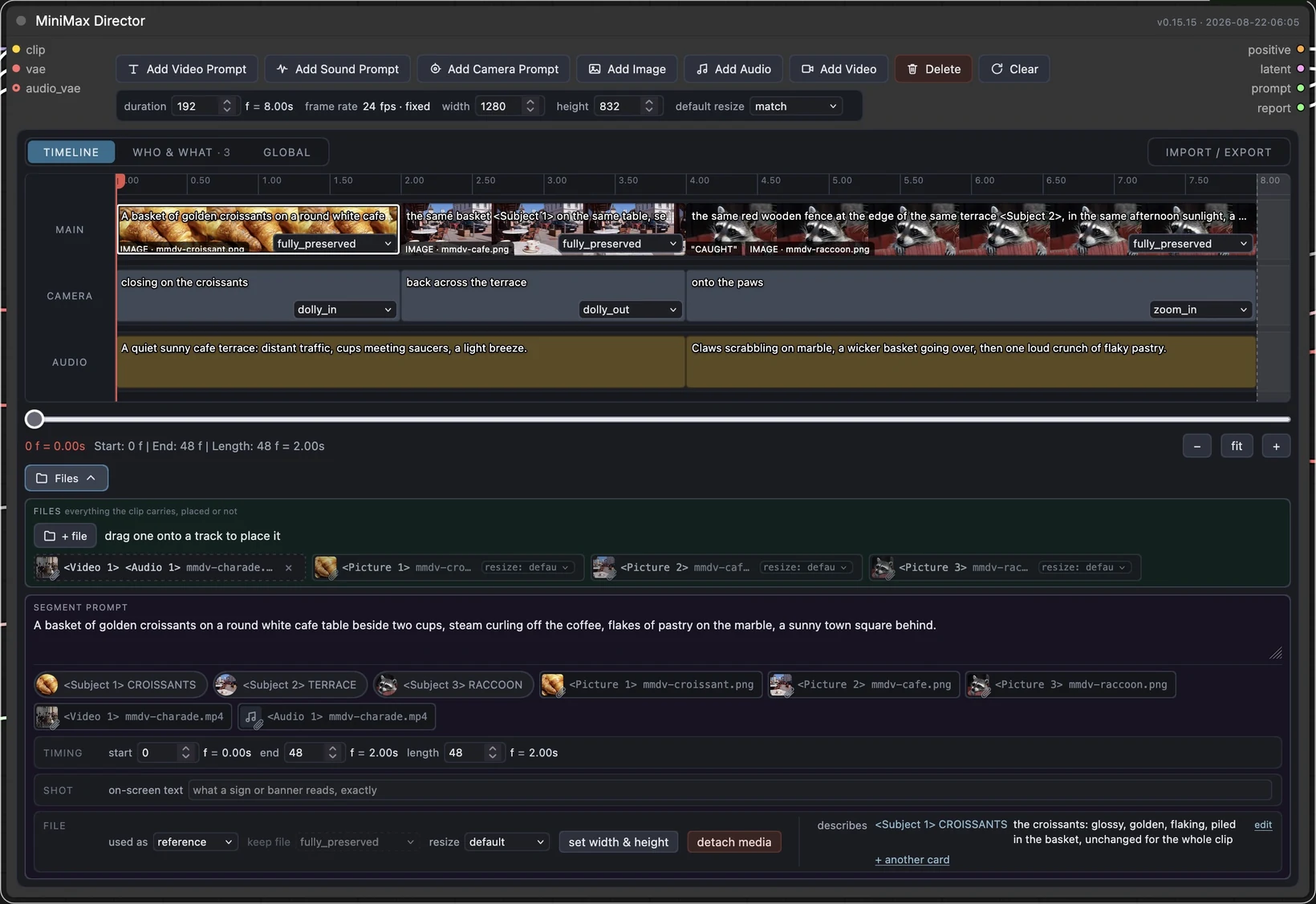 The timeline, with the block under the playhead opened below it