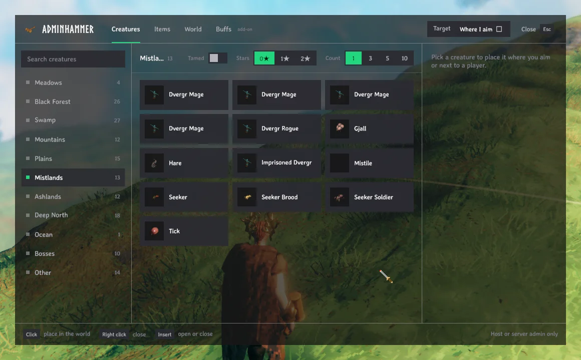 Creatures: pick a biome and a creature, set stars, count and whether it spawns tamed