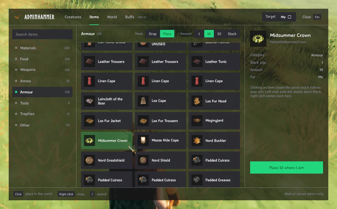 Items: pick an item and an amount, then drop it or place it where you aim