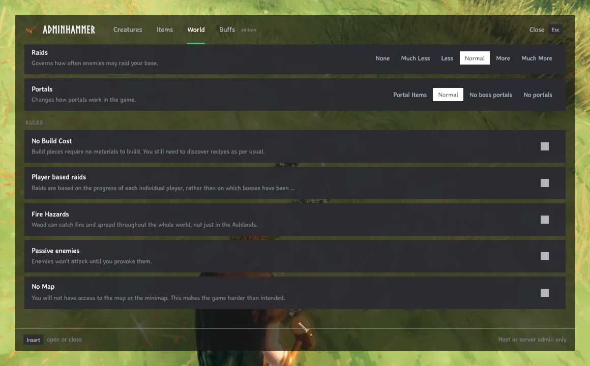 The world rules: no build cost, player based raids, fire hazards, passive enemies, no map