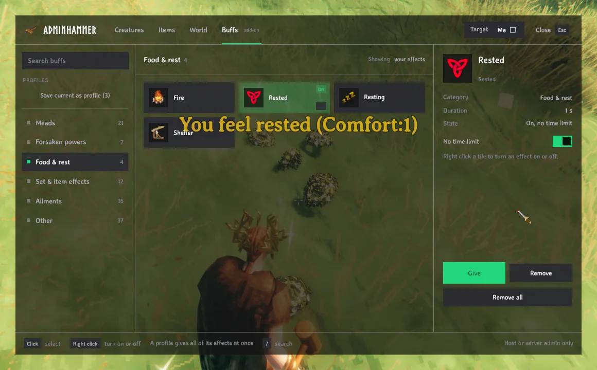 The Buffs tab: Rested given with no time limit
