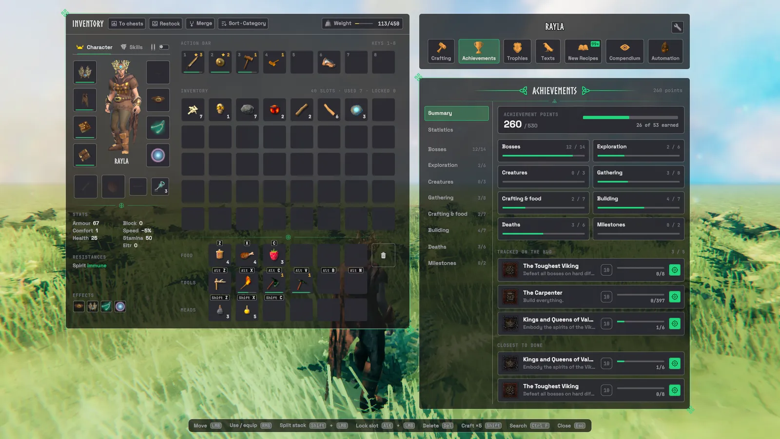 Achievements by category, with points and progress