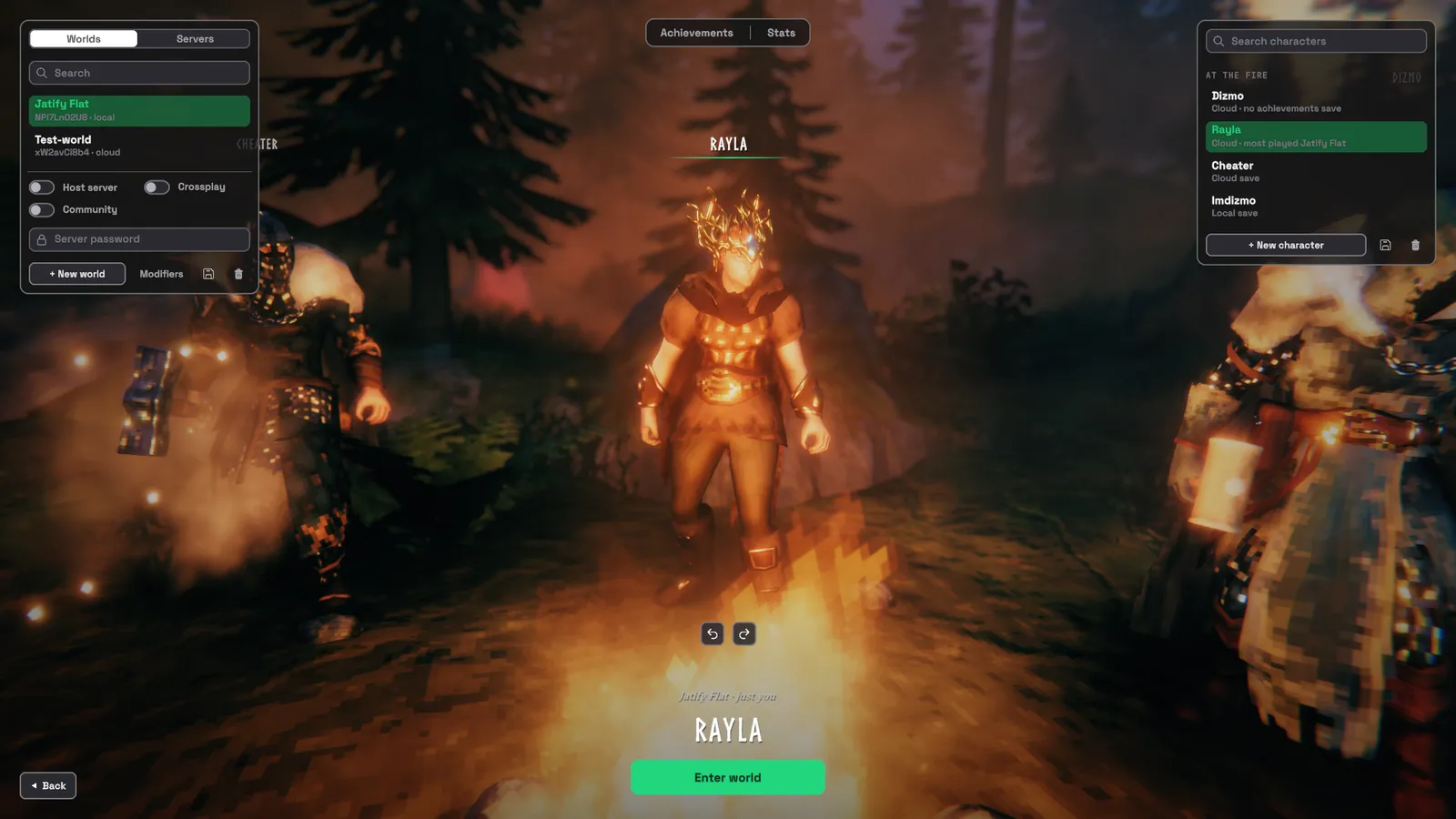 The character screen: your characters at the fire, worlds on the left, characters on the right