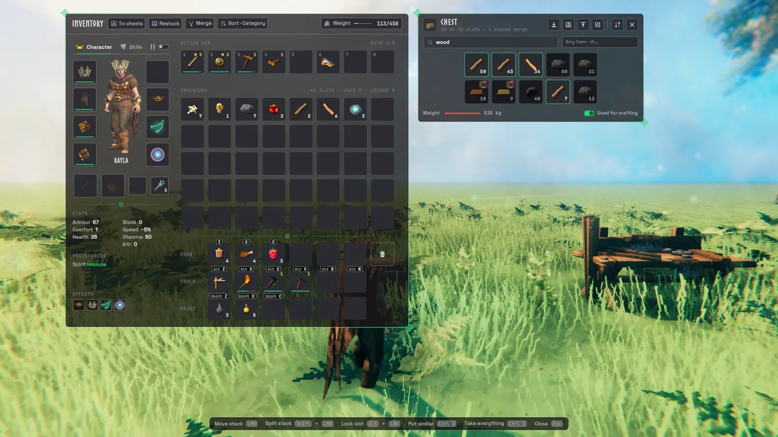 A chest window next to the inventory, its search ringing the wood stacks