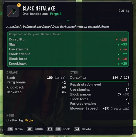A tooltip comparing an axe with the sword in hand