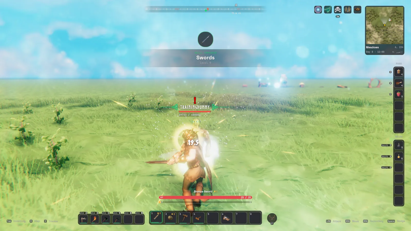 A sword hit on a training dummy: the damage number, its nameplate and a skill-up banner