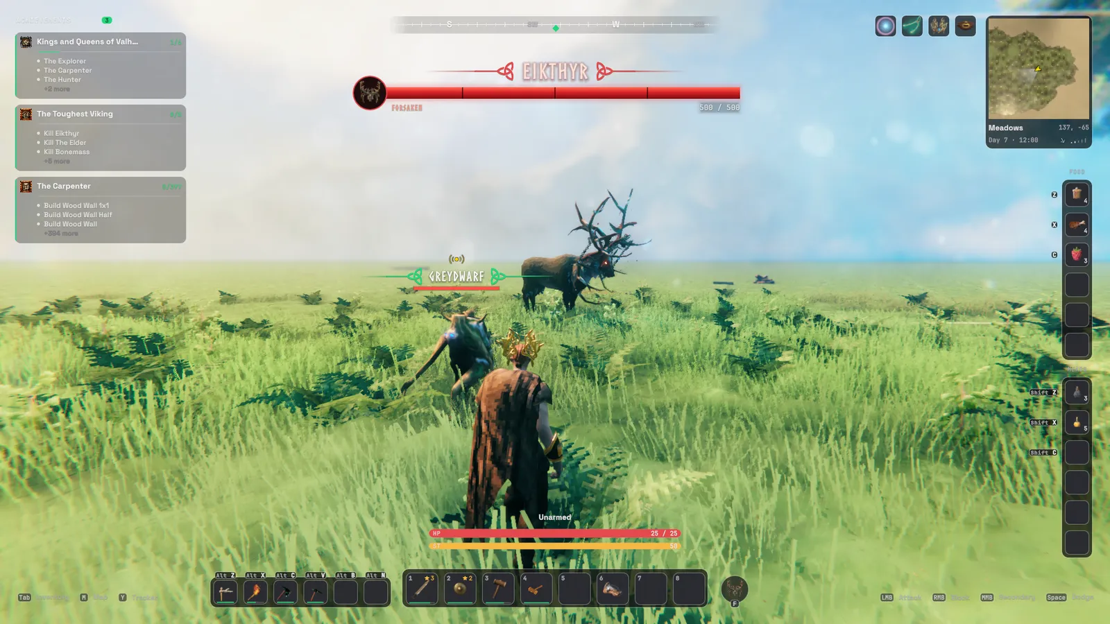 The HUD in the Meadows: a boss bar under the compass, nameplates, the achievement tracker and the action bars