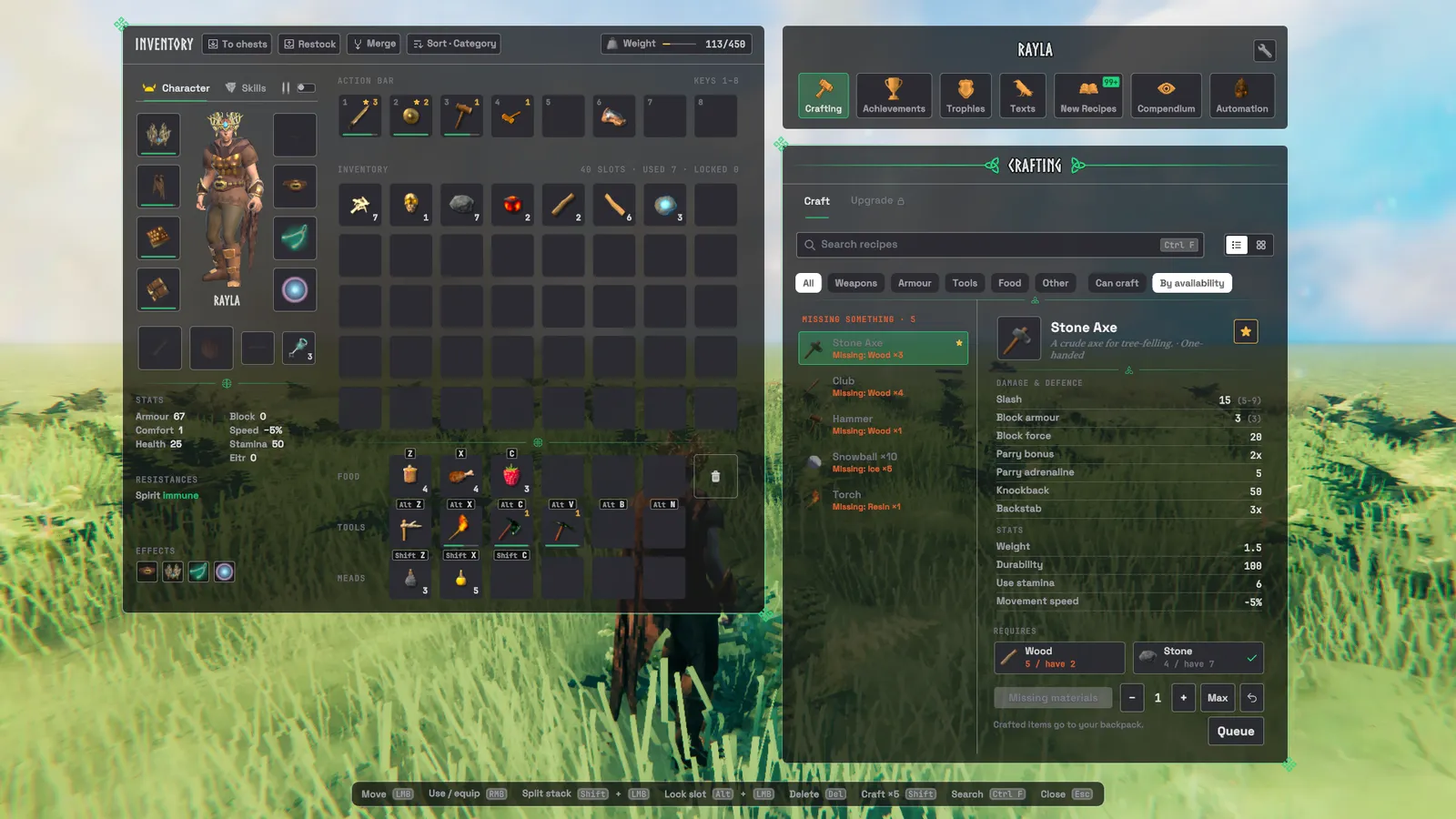 The inventory and crafting panel
