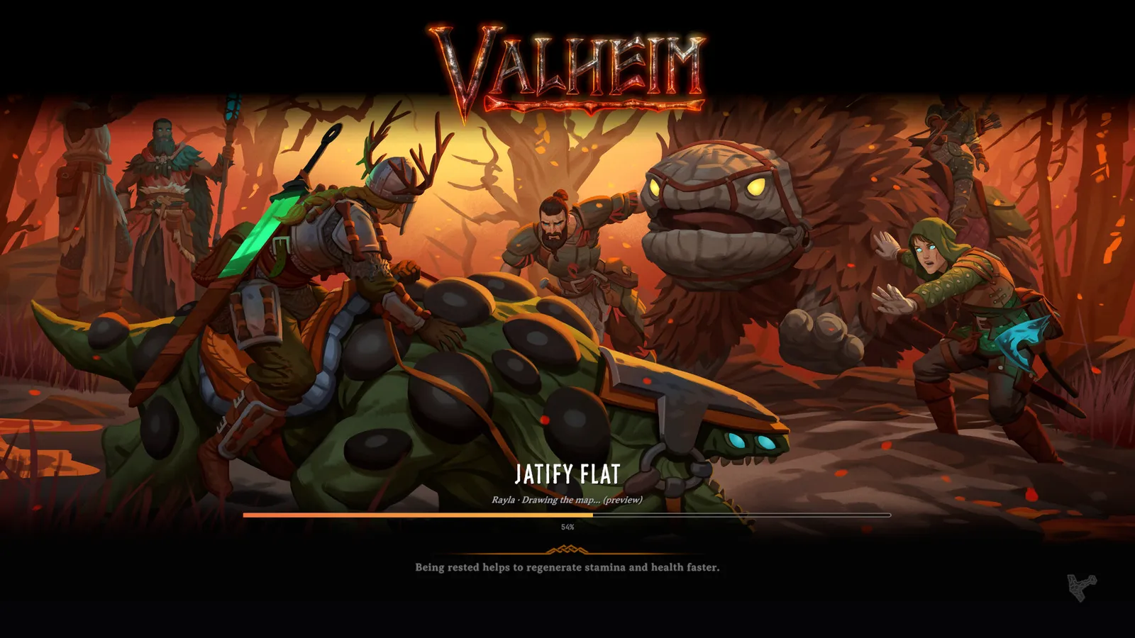 The loading screen: the world's name over Iron Gate's art