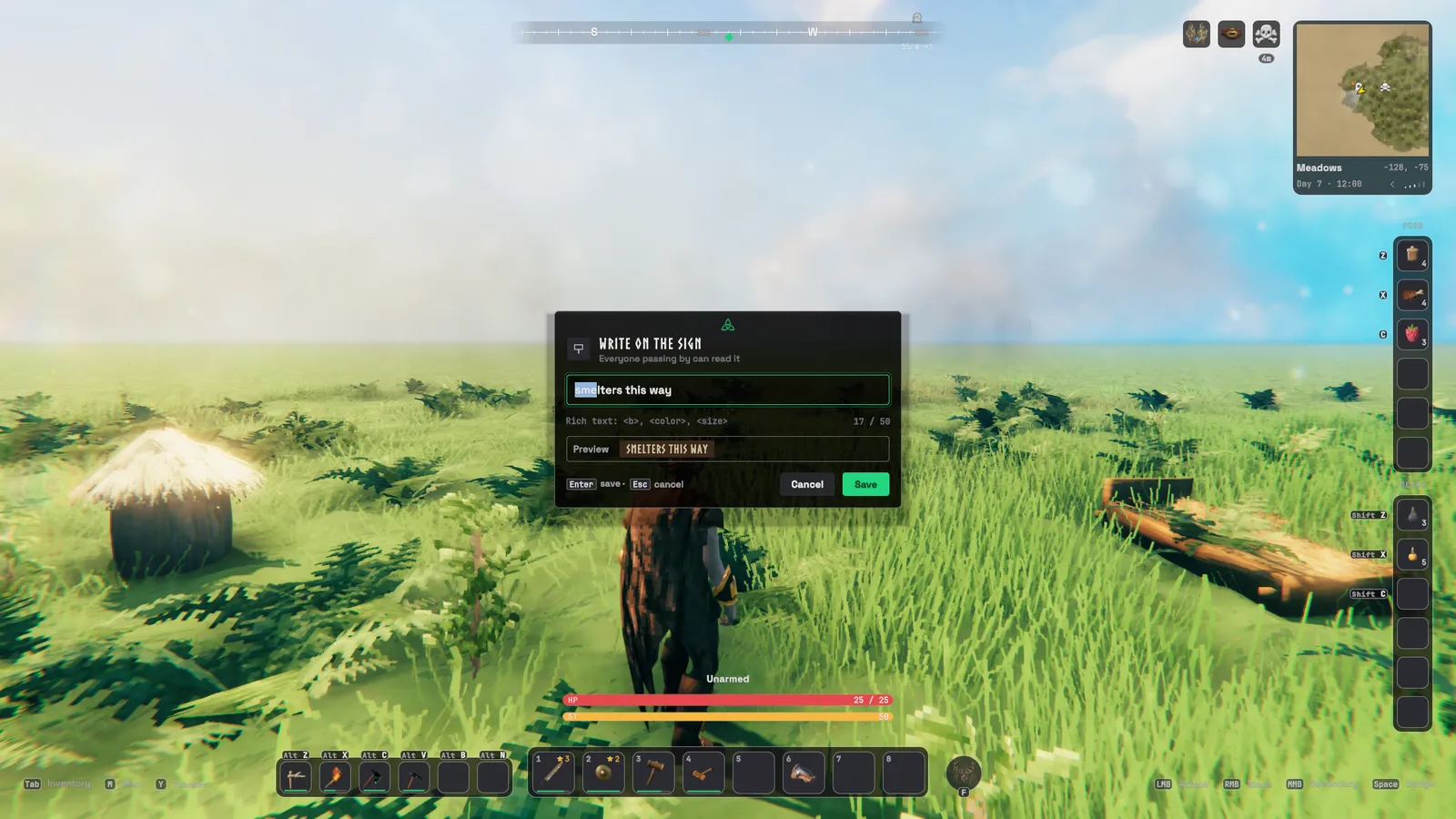 Writing on a sign: the text box with its live preview