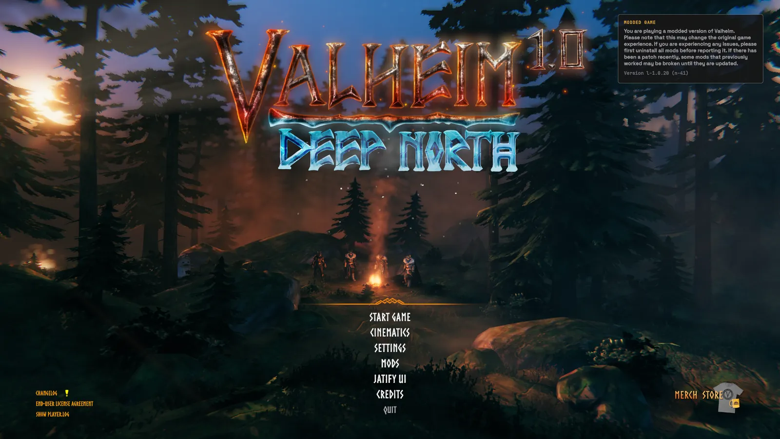 The title menu, with four characters at the fire