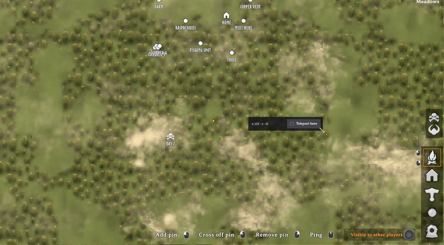Right-click on the map: the spot's coordinates and Teleport here