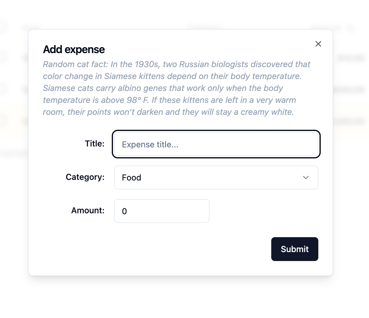 Add expense form screenshot