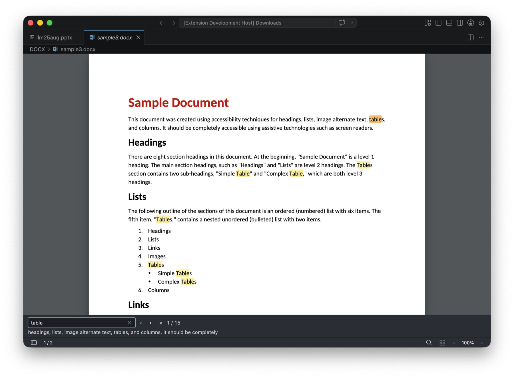 Full-text search panel highlighting matches in a Word document