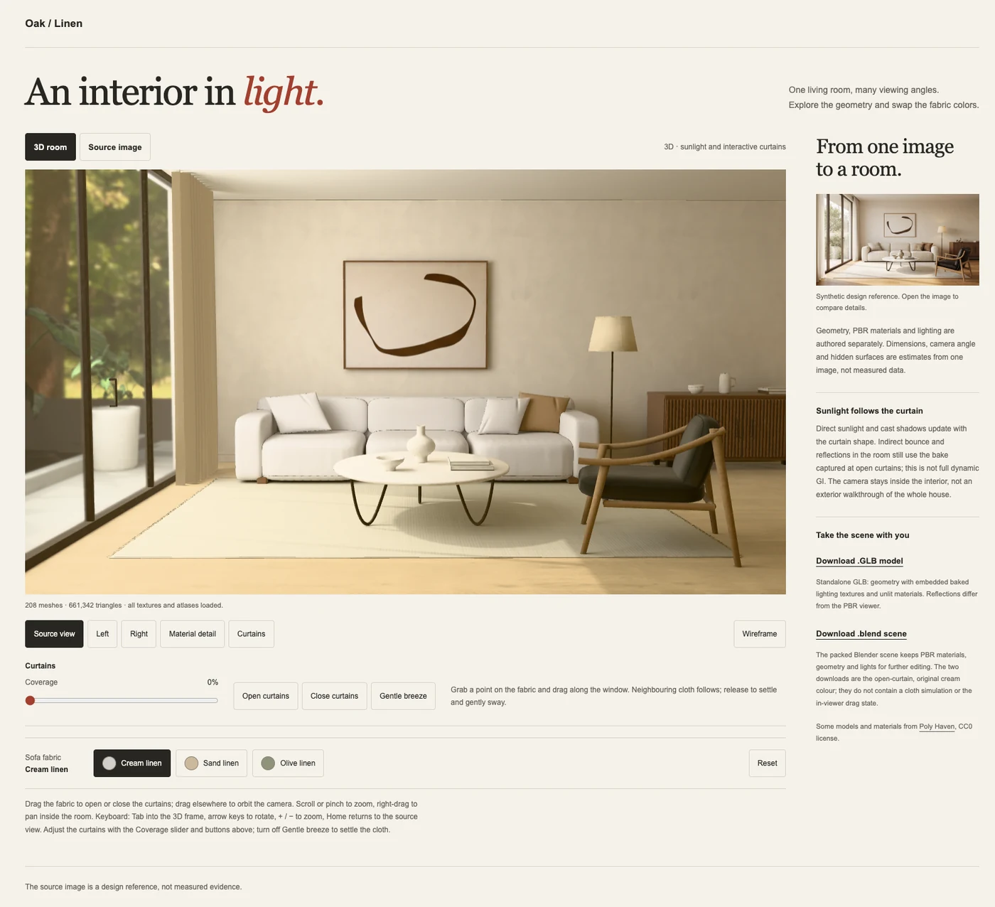 Archived browser screenshot of the living-room reconstruction, with source comparison, camera views, wireframe, curtain controls, sofa finishes and native/portable download links.