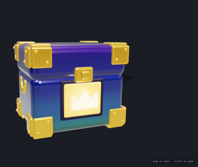Official img2threejs showcase of a blue-and-gold treasure chest with crown emblem against a dark background