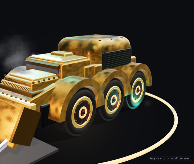 Official img2threejs showcase: golden six-wheeled War-Hauler vehicle with plow, glowing wheels and dark background