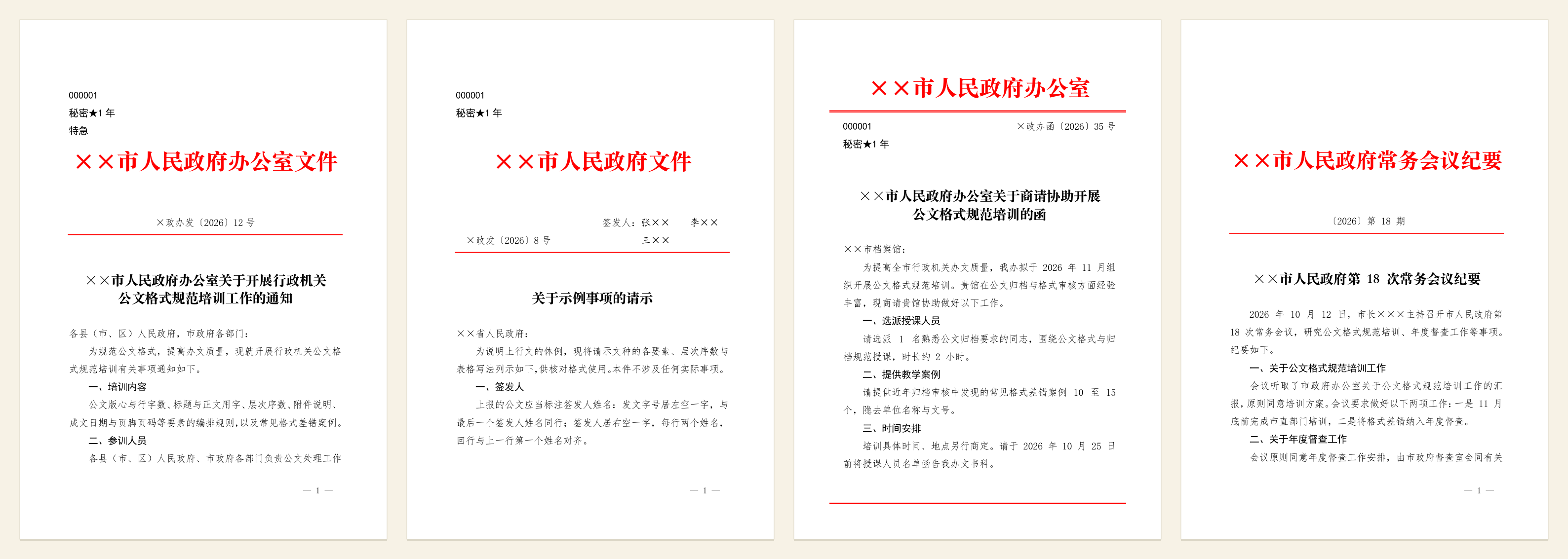 四份样张的首页:通知、请示、信函、纪要