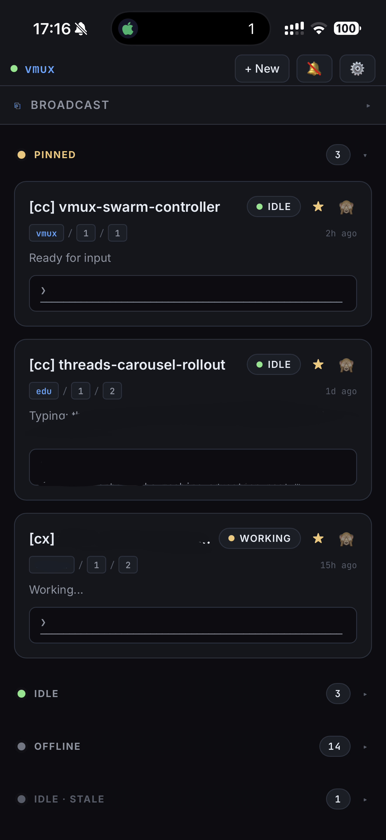 vmux pane list showing coding agents grouped and color-coded by status