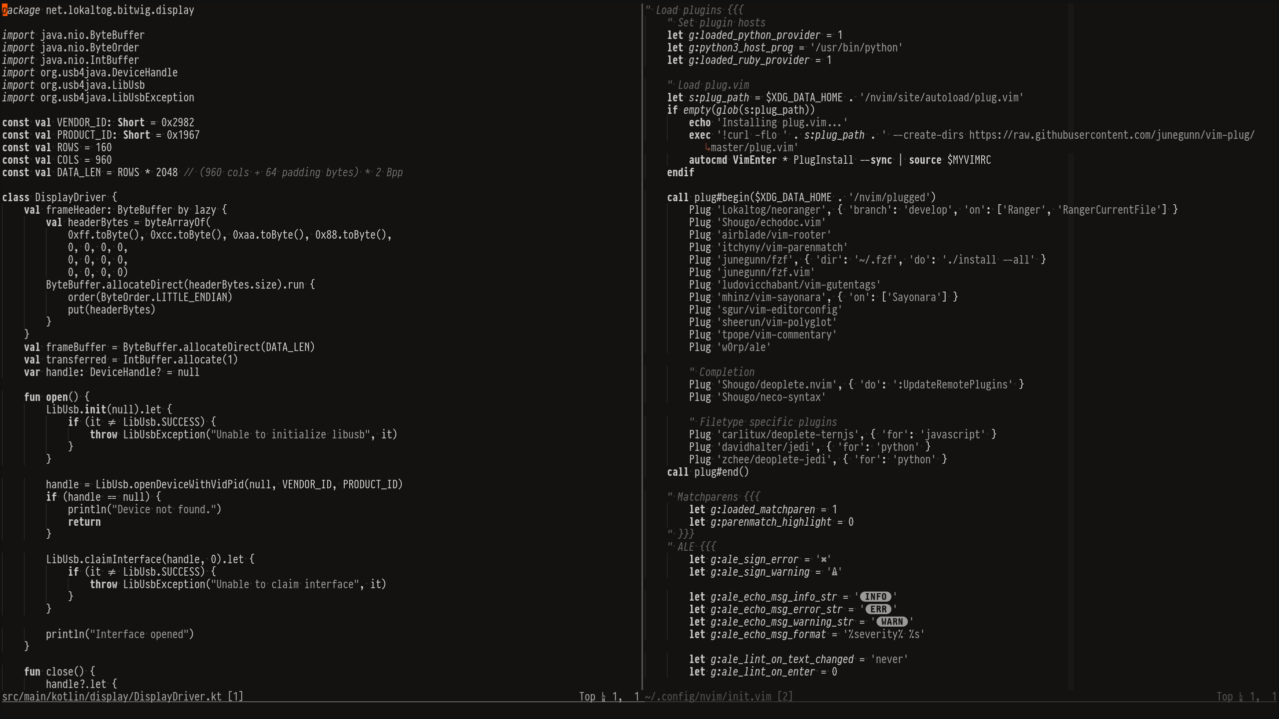 Screenshot of Kotlin and vimscript syntax examples in a split window