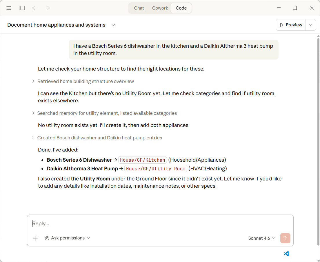 Demo in Claude Desktop: One sentence creates two elements — the AI finds the right categories, creates a missing room, and documents everything.