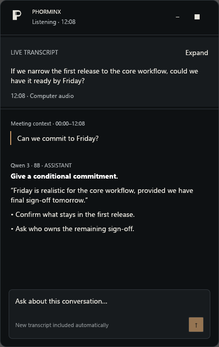 Phorminx floating companion in dark mode, with a synthetic live transcript and assistant response
