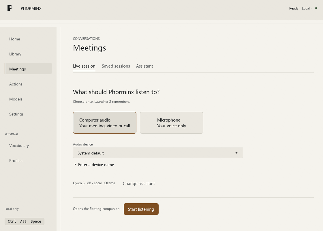Phorminx Meetings workspace in light mode, showing computer-audio and microphone options